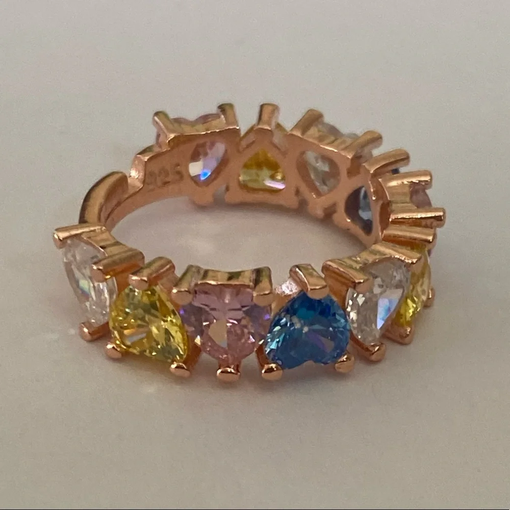 925 Silver heart band ring adjustable size 6 cz stones 14k rose gold plated